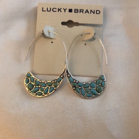 Lucky Brand Silver Tone Turquoise Stone Threader Hoop Earrings NWT - Picture 10 of 12